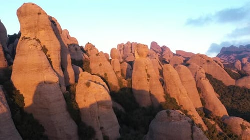Aerial views of Montserrat peaks, a mountain range in Catalonia. Unique Montserrat mountains