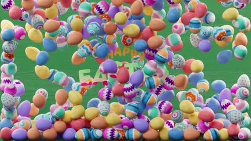 Colorful Easter Eggs Falling and Revealing Happy Easter Title