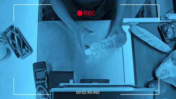 Cashier At Work In Supermarket Top View Security Camera Shot, People ...