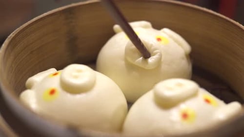 Pig Shaped Buns in Bamboo Steamer, Close Up