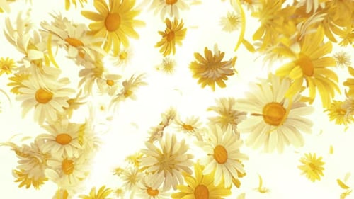 Explosion von Gänseblümchen und Blütenblättern im Hintergrund.