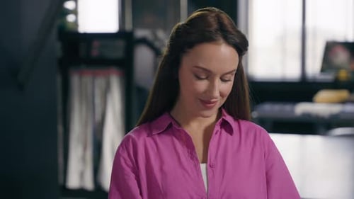 Caucasian Woman Happy Girl Businesswoman Business Owner Smile Working in Office Atelier Joyful