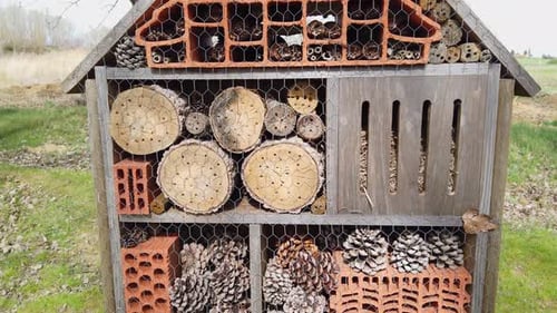 Large man made insect hotel amongst trees and shadows