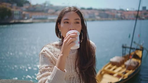 Girl Drinking Tea Sunlight Marine Town Closeup Woman Tourist Enjoying Beverage