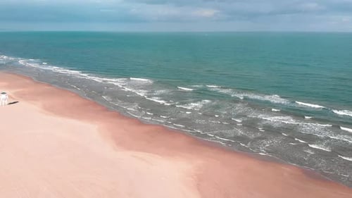 Beautiful Mediterranean Sea and sandy beach against blue sky, Gandia, Valencia, Spain