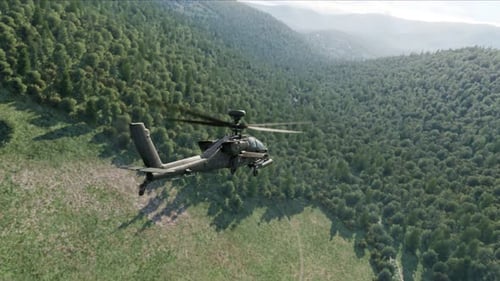 Militärischer Kampfhubschrauber, der in geringer Höhe fliegt und mit Raketen und Raketen bewaffnet ist.
