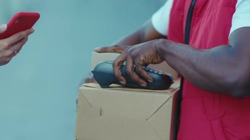 Young African American Hands Courier Delivery Service Holds Box Woman Pay Online Via Terminal Order