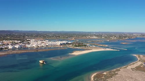 Aerial View Drone Flight Over the Natural Portuguese Park Ria Formosa Over the Village of Fuseta