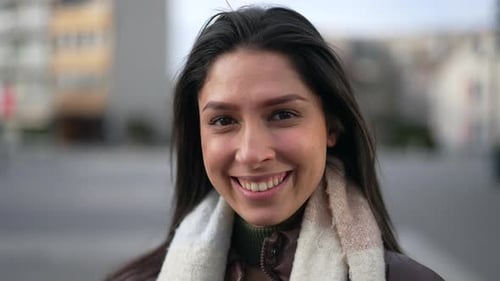 Smiling Brunette Woman Close-Up Outside in City