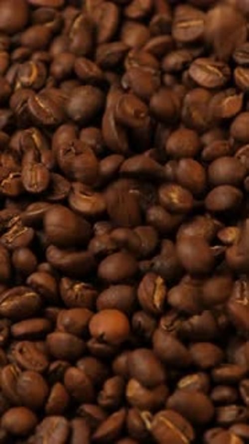 Vertical slow motion of roasted coffee beans falling.