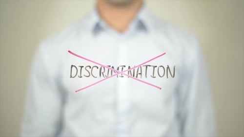 Say No to Discrimination, Man Writing on Transparent Screen