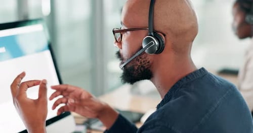 Call center, businessman and screen with communication and telemarketing for customer service