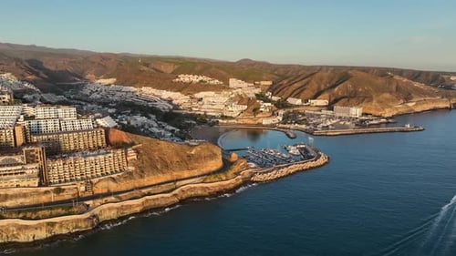 Aerial Panoramic Shot of Amadores Beach During Sunset on the Island of Gran Canaria