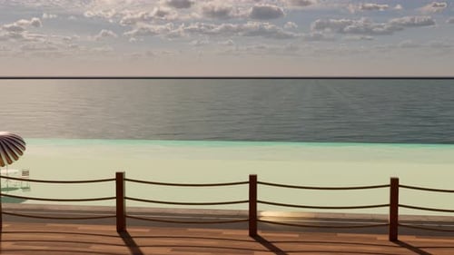 Esta escena muestra una hermosa vista al mar desde una terraza de madera.