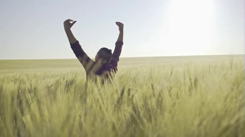 Back View of Man Standing with Hands Apart in Green Wheat Field Enjoying Sunlight and Harmony with