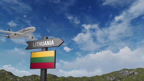 Lithuania Flag With Airplane And Arrow Sign