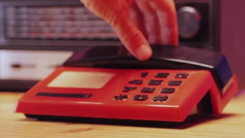 Red Retro Vintage Phone Telephone Ringing Off on Table Close Up Macro 90s Mobile Retro Smartphone