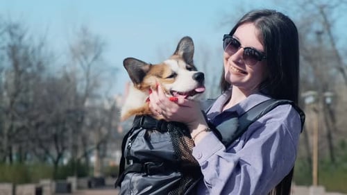 Woman Holding Corgi in Carrier in Park