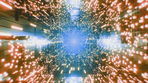 Flying through abstract Sci Fi futuristic city, looped. Animated neon background