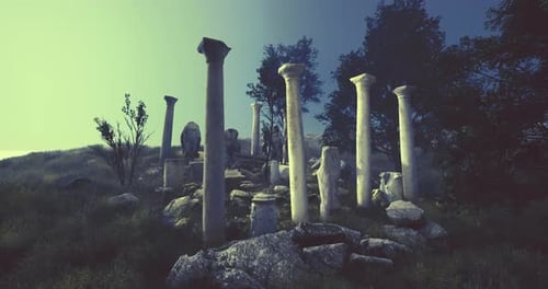 Ruins of Ancient Columns Surrounded By Nature at Dusk in a Serene Landscape