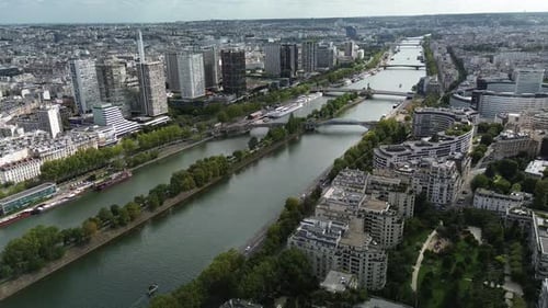 Ile aux Cygnes or Isle of Swans at Beaugrenelle district and bridges in Paris, France. Aerial drone