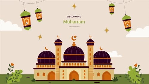 Animated Muharram Greeting with Mosque and Lanterns