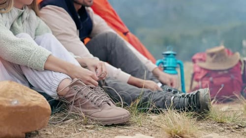Couple, tie and shoes at camp in outdoor or closeup for vacation with bonding or conversation