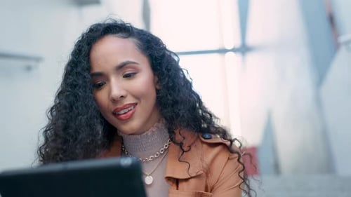 City, stairs and woman typing on tablet with smile for social media, internet conversation
