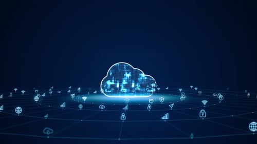 Blue digital cloud computing logo with futuristic technology ai icon and line connection with circle
