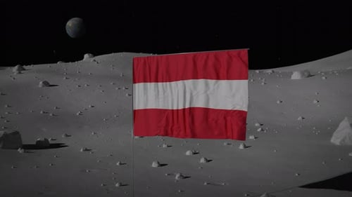 Red and White Flag Waving on Moon Surface with Distant Earth