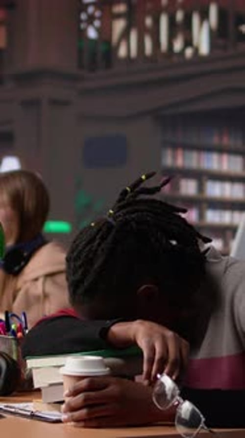Vertical Video African American Student Falling Asleep on Books Pile in the Campus Library