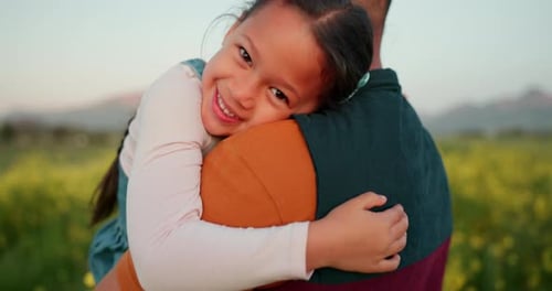 Hug, child and father on a farm for holiday in the countryside of Spain for adventure