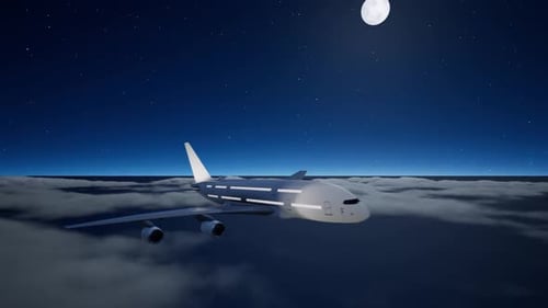 Night Flight Airplane Animation Over Clouds with Moon