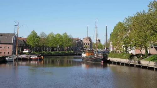 Historic Town of Dokkum in Friesland, Netherlands with Waterway and Boats