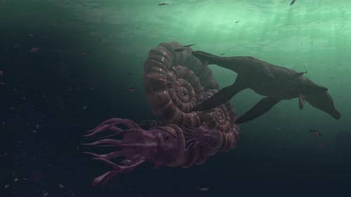 3D Animation of Prehistoric Marine Life in Underwater Encounter