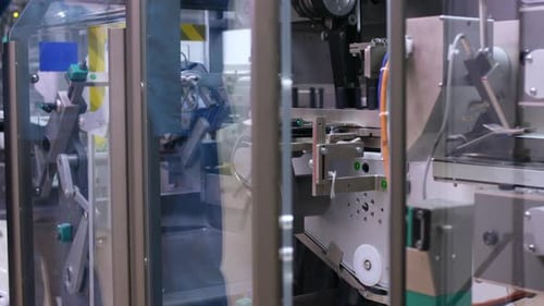 Automatisierter Herstellungsprozess. Nahaufnahme der Werksfertigungslinie. Pharmazeutische Herstellung M