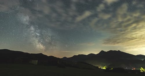 Starry Sky and Milky Way Galaxy Over Mountain Landscape
