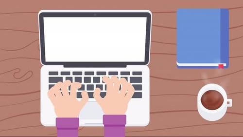 Oben: Aufnahme eines Mannes mit Laptop auf dem Tisch. Animationsvideo