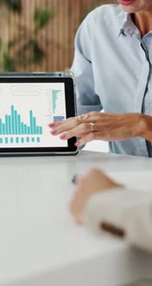 Hands, talking and investor with woman, tablet screen for revenue charts and profit stats