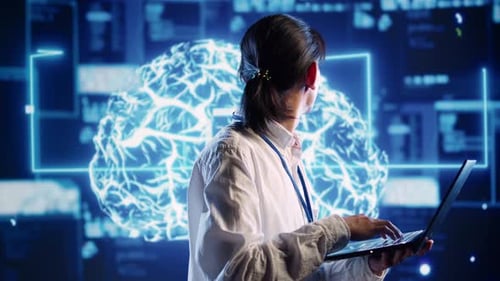 Young Adult Coding with Glowing Brain Background