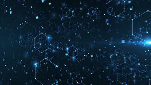 Blauer Binärcode, sechseckige geometrische Netzwerke, Unternehmen, Unternehmenstechnologie, digitaler Hintergrund, Schleife