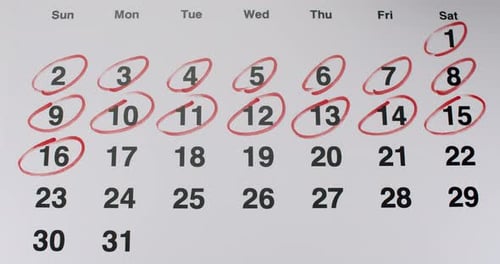 Calendario con fechas rodeadas de tinta roja para marcar días y eventos importantes