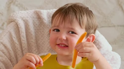 Toddler Eating Carrot Sticks in High Chair