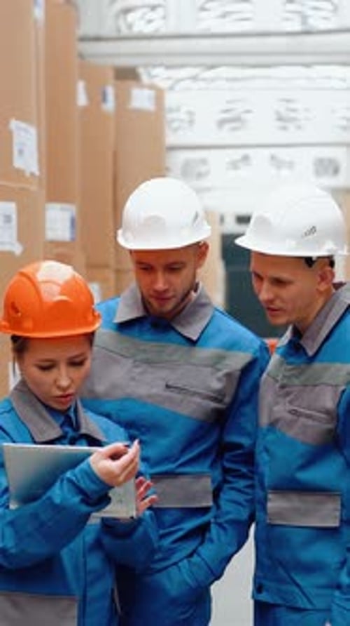 Team of Three Warehouse Workers in Blue Uniforms Collaboratively Reviewing Tablet Data in Spacious