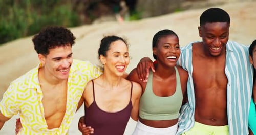 Friends, laughing and walking together at beach for travel adventure, summer vacation and bonding
