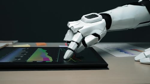 Robot Hand Analyzing Data on a Tablet Device