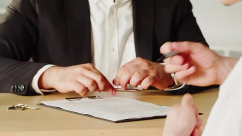 Customer Signing Contract Real Estate Agent Giving Home Keys Closeup Man Realtor