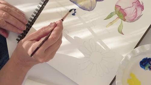 Watercolor Painting Woman Draws Watercolor Sketches of Flowers