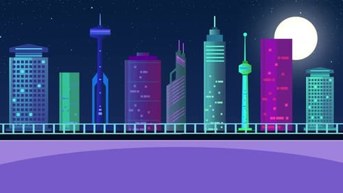 Futuristic City Skyline Building Up at Night Animation