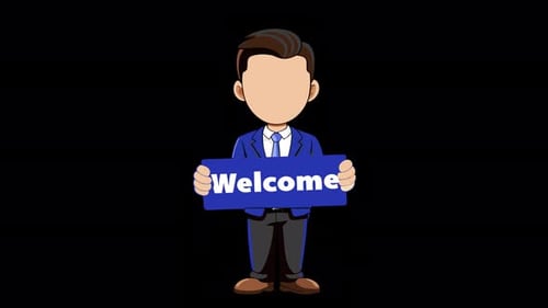 Cartoon Holding Welcome Board Animation 4K On Alpha